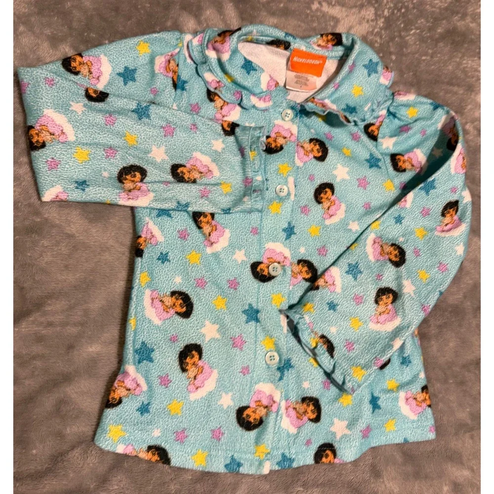Nickelodeon Dora the Explorer Girls Pajama Set Blue Fleece Stars Ruffle Size 6